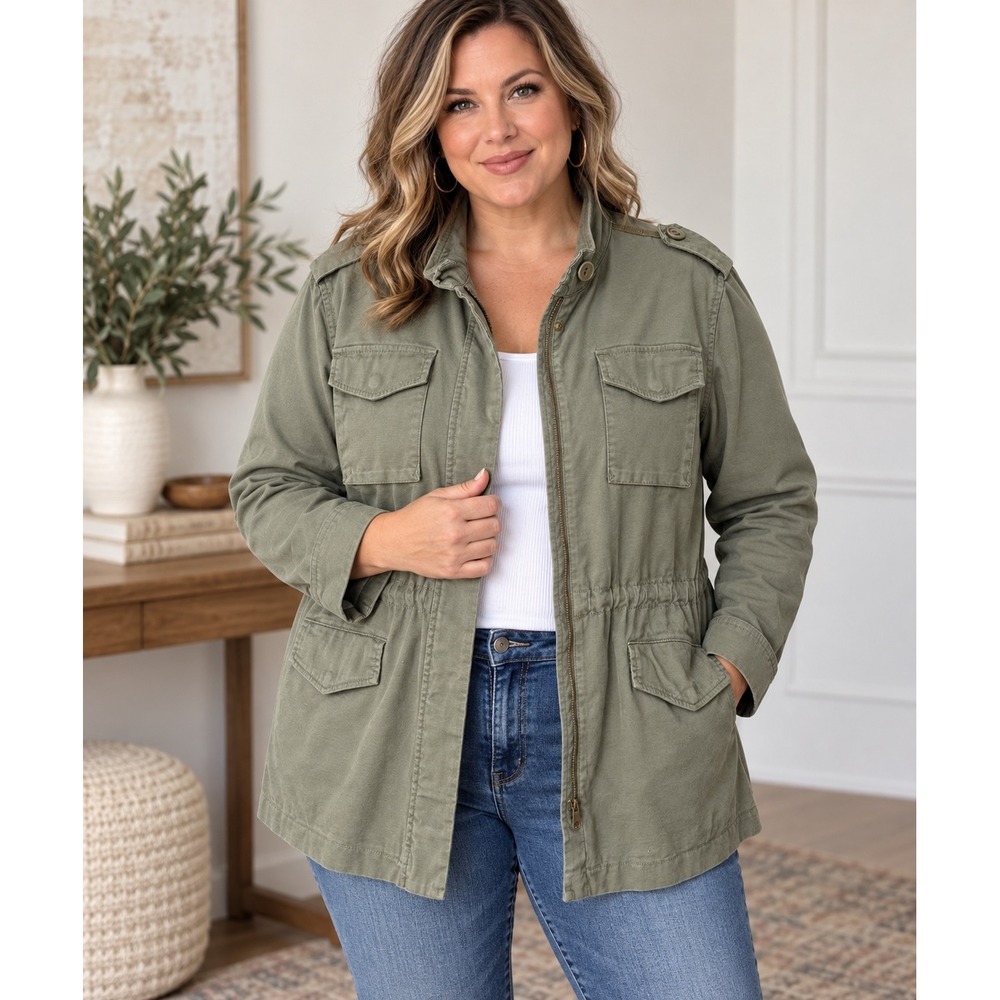 Tommy Hilfiger Women's Olive Military Utility Field Jacket XL Gold Zip
